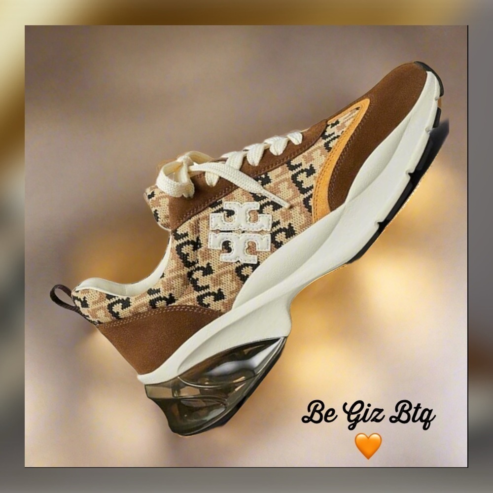 🔥🔥Tory Burch Good Luck Bubble Trainer T Logo Knit New Cream And Chestnut Size11M